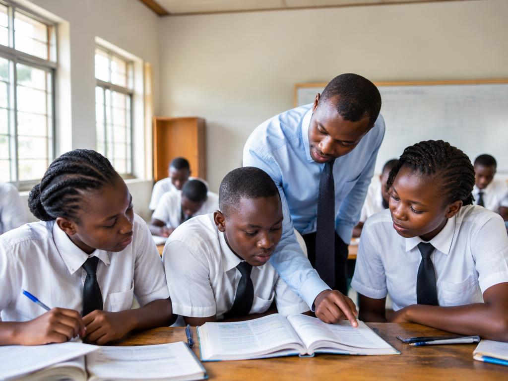 Students studying with their teacher in a bright classroom
