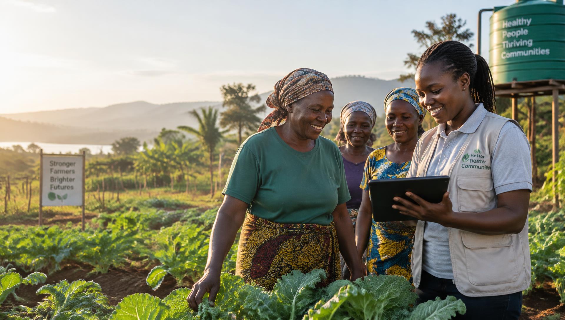 Women farmers and an NGO field worker reviewing a thriving vegetable garden